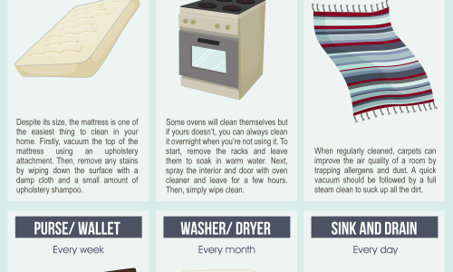 infographic describes how often you should wash your shirt, wash your sheets, clean your mattress, clean your car, clean the oven and clean the windows