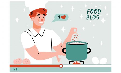 Recording of food blog with blogger cooking online, cartoon vector illustration.