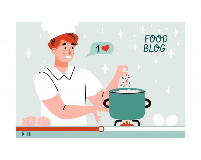 Recording of food blog with blogger cooking online, cartoon vector illustration.